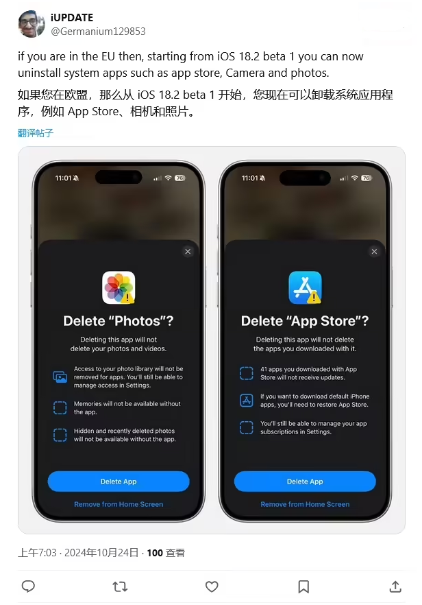 弓长岭苹果手机维修分享iOS 18.2 支持删除 App Store 应用商店 